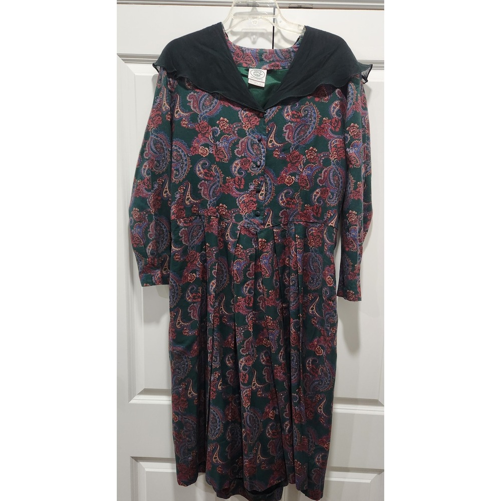 Laura Ashley Vintage 80s Paisley Pleated‎ Midi Dress Sheer Collar Size 14